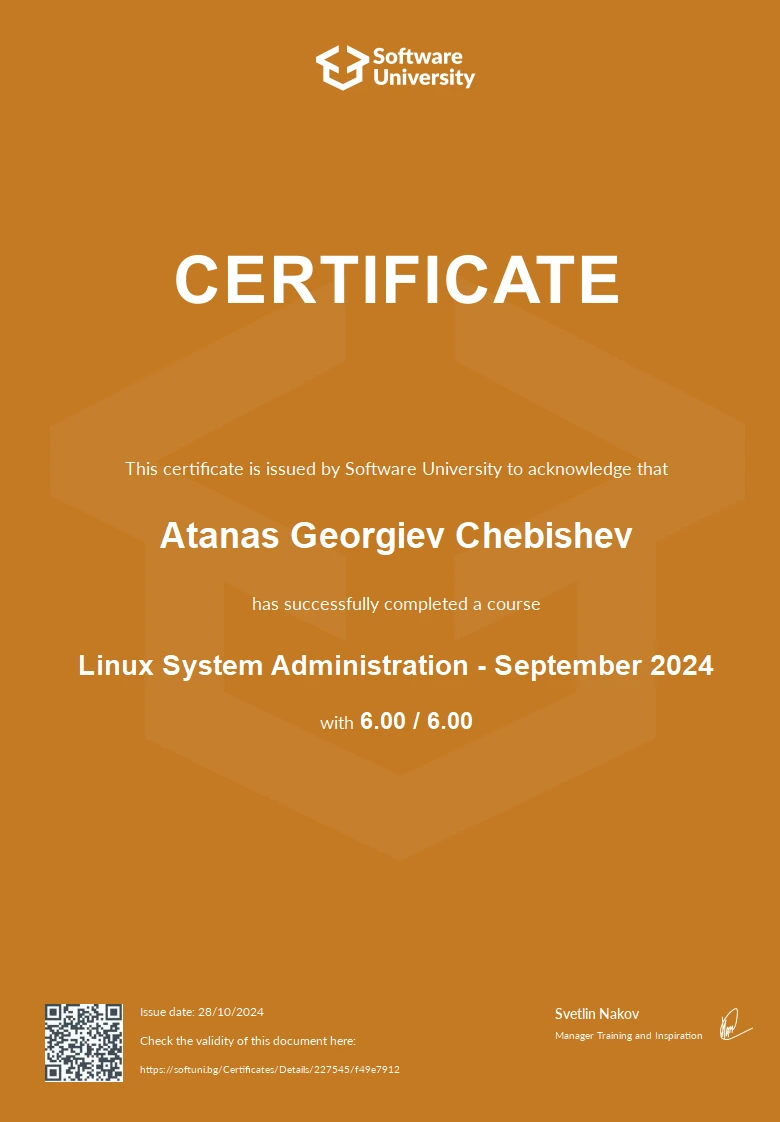 Softuni Linux System Administration certificate